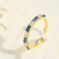 Adjustable gold open ring with rectangle blue gemstones and round clear crystals - Square Royal Blue Style (JZ0465-4)