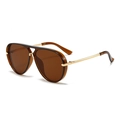Detail view of pilot sunglasses featuring a brown transparent frame and gold metal temples - C13 Deep Tea Frame Tea Lens