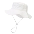 Detail of white cotton sun hat featuring adjustable windproof cord and plastic buckle - M (52-54cm) / White