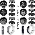 8 pairs of black stainless steel stud earrings featuring Celtic knots and cross designs - Black Vintage Celtic Wolf Head Combination (36012)