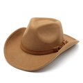 Classic camel wool felt fedora hat with leather band and metal buckle in side view - M (56-58cm) / Khaki