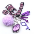 Purple and pink security keychain set with alarm, pompom, and striped sanitizer bottle - Colorful Stripes (Style 8)