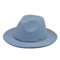 Detail of light blue fedora hat showing woolen texture and silver chain decoration - Sky Blue Hat Silver Chain