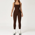 Dark coffee yoga set featuring square neck tank top and high waist leggings for fitness - 2044 Vest + 2030-1 Pants - Coffee Brown