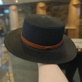 Summer black boater straw hat with brown leather band and gold metal logo - Black Metal Buckle