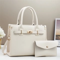 Elegant white litchi leather handbag set with gold hardware and matching pouch - White