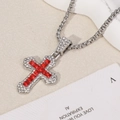 Hip hop silver cross necklace with red zircon pendant on a vintage box chain style - Cross / Silver Chain with Red Pendant