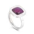 18K gold plated stainless steel ring with square purple gemstone and micro-pave crystals - Silver Band Square Purple Faceted Stone Style (KR107827-K)