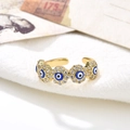 18K gold plated adjustable ring with blue evil eye charms and sparkling zircon accents - Blue and White Eye (ZYN-DMR56G-3)
