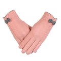 Elegant pink suede gloves for women featuring grey bow detail and touchscreen design - One Size / Single Line Bow Pink