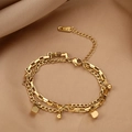 Double-layer gold titanium steel bracelet with geometric beads and K18 engraved tag - Double Layer Silver Crumbs Style / Gold