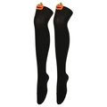 Detail of black over-knee socks featuring a 3D orange pumpkin doll for Halloween - Solid Black (Pumpkin Decor)