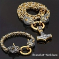 Viking Thor's Hammer Mjolnir necklace and wolf head bracelet set in gold-silver finish - Necklace + Bracelet / Gold