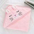 Pink coral fleece hooded baby towel featuring cute cat embroidery and soft 3D ears - Pink Rabbit