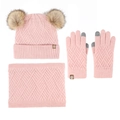 Pink winter knit set for kids featuring double pom-pom hat, scarf, and touch-screen gloves - Pink