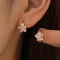 Star-shaped gold stud earring set with rectangular clear zircons on ear - Gold Star Studs with Rectangular Zirconia