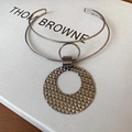 Chunky gunmetal double-layer open choker necklace with textured geometric round pendant - Gunmetal