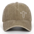 Close-up of white cross embroidery on vintage washed khaki cotton baseball cap - Adjustable / Khaki