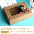 Kerst cupcake doos van kraftpapier met venster en rendier motief, maat 21x15x7cm - Kerstman / Groot (6-stuks) / Bruin Kraft