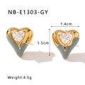 Golden heart earrings with grey enamel and white zircon center, size 1.4cm by 1.5cm - Gray