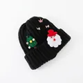 Black ribbed knit beanie with Christmas Santa, tree, and crown embroidered patches - M (54-60cm) / Black Santa Claus