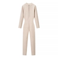 Beige knitted long sleeve jumpsuit with front zipper and slim fit ribbed texture - S / Top And Bottom / Off White