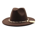 Detail of dark brown wool Fedora hat featuring pearl chain trim and stylish tassel accents - M (56-58cm) / Dark Coffee