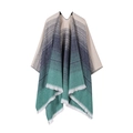 Detail of a knit shawl with beige, navy, and green stripes and fringe trim - One Size / Gradient Stripe - Lake Blue