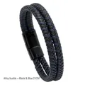 Bracciale a doppio giro in pelle intrecciata nero e blu scuro con chiusura magnetica in lega - 21cm / Nero e Blu