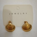Golden shell-shaped stainless steel stud earrings displayed on a jewelry card - 18K Gold Wide Shell (9140)