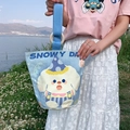 Light blue canvas bucket bag featuring a cute cartoon dog and wooden ring handle - Winter Cute Rabbit