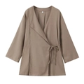 Women's minimalist side-tie long sleeve top in deep brown with a wrap-style design - XS / Tie-Front Top / Khaki