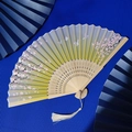 Bamboo folding fan with butterfly and cherry blossom pattern on green gradient surface - Yellow Green Gradient Butterfly