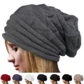 Women's slouchy knit beanie hat with thick diamond texture available in 8 colors - Dark Gray