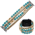 Beaded Apple Watch strap with turquoise textured beads and golden heart metal charms - Size L Fits 38/40/41mm / Turquoise Heart Metal