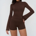 Women's chocolate brown yoga set featuring a flare sleeve zip jacket and tight shorts - S / Top And Bottom / Jacket + Shorts / Coffee