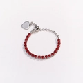 Detail of silver-tone adjustable ring featuring vibrant red zircons and heart charm pendant - Adjustable Open / Red Zircon - Platinum Silver