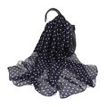 Navy blue polka dot chiffon scarf draped over a black leather bag showing drape texture - Small Polka Dot Navy