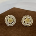 Elegant gold flower stud earrings with yellow petals, zircon halo and pearl border - Pearl Flower Stud Earrings Gold