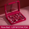 Rose red velvet 24-grid jewelry box with glass lid for rings and earrings storage - Rose Red