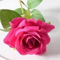 Single rose pink artificial rose stem with velvet texture petals and green leaves - 7cm / Elsa Rose-Freud