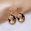 Vintage relief style earrings with rose and figure relief on black enamel background - 【B-27】Black Cameo Portrait Rose