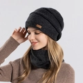 Conjunto de gorro de punto gris oscuro y calentador de cuello con textura acanalada - Negro