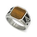 Silver mens titanium steel ring with tiger eye stone and freemasonry engraving - Steel-Tiger Eye
