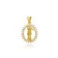 Detailed view of Santa Muerte gold pendant with sparkling clear cubic zirconia stones - ZYN-DMK688G-Santa Muerte