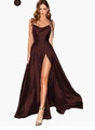 Deep chocolate brown satin evening dress with spaghetti straps and high side slit - L / Dark Wine Red