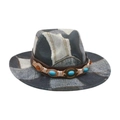 Blue denim patchwork cowboy hat featuring leather band with turquoise and amber gemstones - One Size / Black (Denim Blue Yellow Belt)