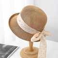 Straw sun hat with beige polka dot chiffon ribbon and large bow on a wooden stand - Head Circumference 55-57CM Adjustable / Khaki