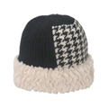 Cappello da pescatore in maglia pied-de-poule invernale con bordo in peluche beige - Nero