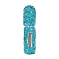 Detail of turquoise rhinestone refillable perfume bottle with a clear viewing window - 5ml / Lake Blue